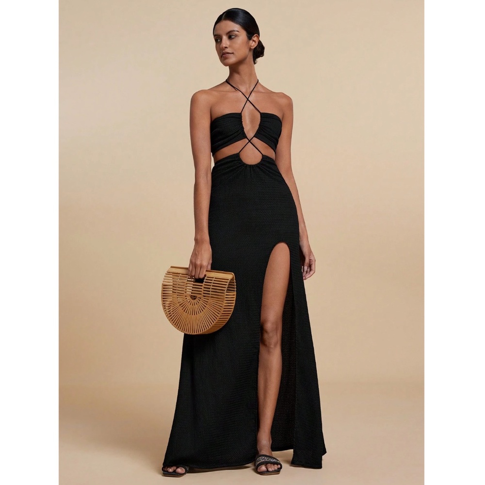 Black Long Dress Strappy Criss Cross Cut Out Detail Neck Ties - Picture 2 of 9